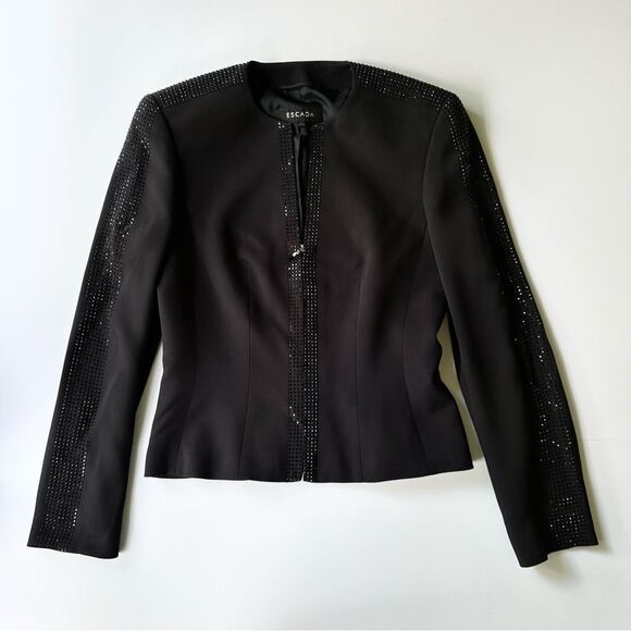 Escada 100% Silk Rhinestone Embellished Black Zip Blazer 34 DE 4 US - Picture 1 of 16